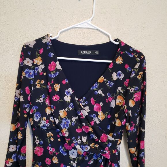 Lauren Ralph Lauren Cleora Front Twisted Floral Jersey Surplice Dress Navy Sz 6 - Picture 3 of 9